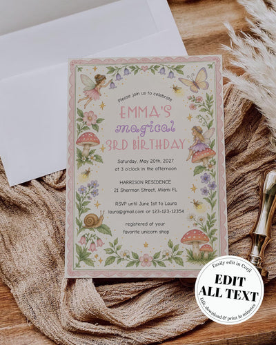 Fairy Birthday Invitation, Enchanted Garden Fairy Party Invite, Editable Instant Download Card Template 032FA-BINV
