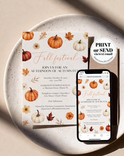 Fall Festival Invitation, Pumpkin Patch Autumn Harvest Party Invite, Editable Digital Card Template