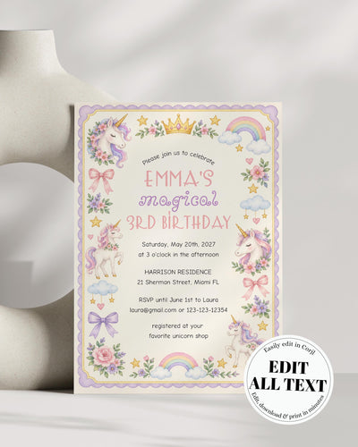 Unicorn Birthday Invitation, Rainbow Unicorn Party Invite for Girls, Editable Digital Card Template 032UN-BINV