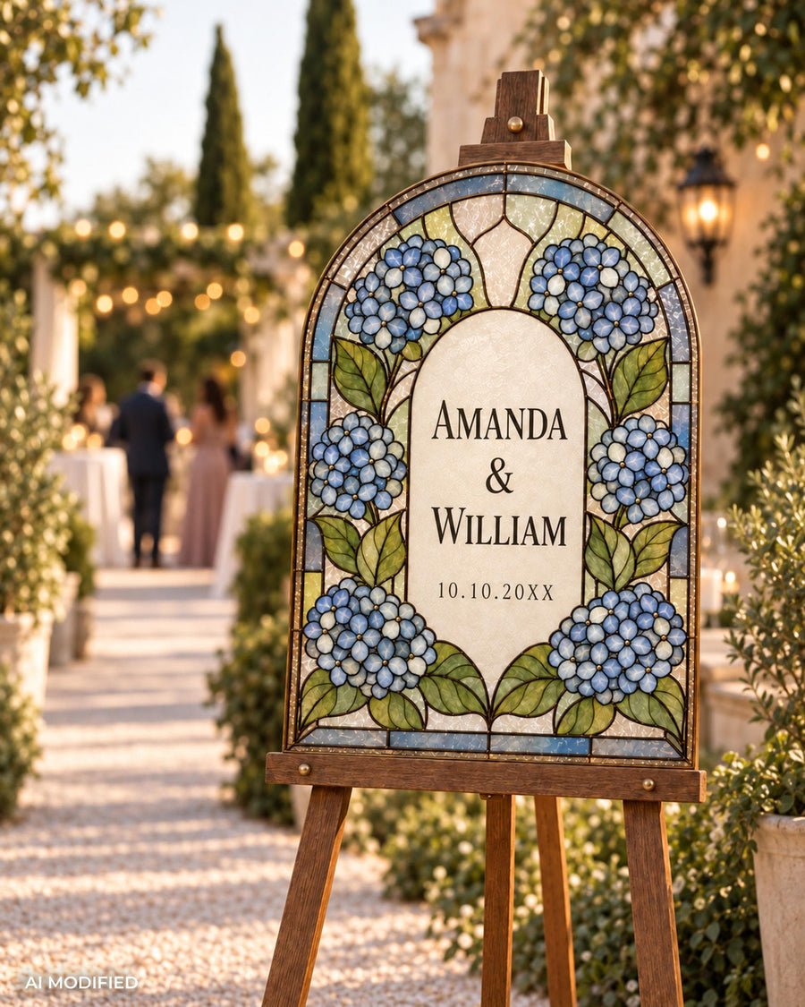 Arched hydrangea faux stained glass welcome sign Canva tracing template for a DIY acrylic wedding sign.