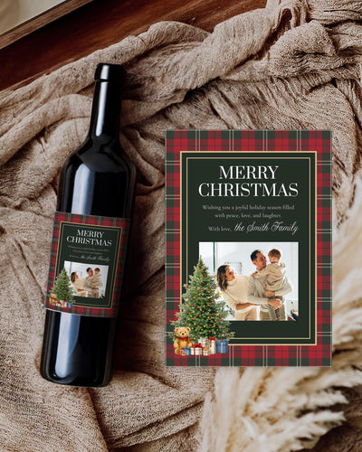 Personalized Wine Label, Red Tartan Family Christmas, Editable Holiday Bottle Gift Template 068CH-WILA