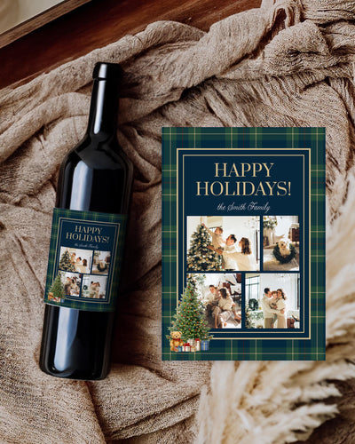 Wine Bottle Labels, Navy Green Tartan Photo Collage, Editable Family Christmas Gift Template