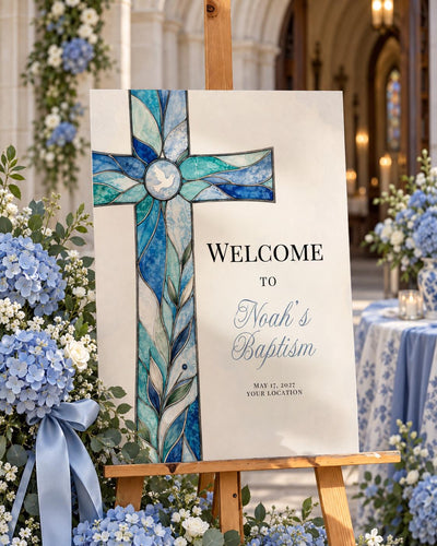 Blue Christening Welcome Sign, Stained Glass Style Cross Art, Editable Baptism Celebration Template 035STGL-WLCM