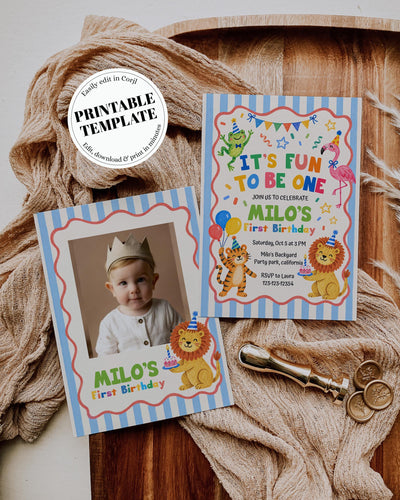 Fun To Be One Invitation, First Birthday Party Card, Editable Printable Toddler Template 025ONE-BINV
