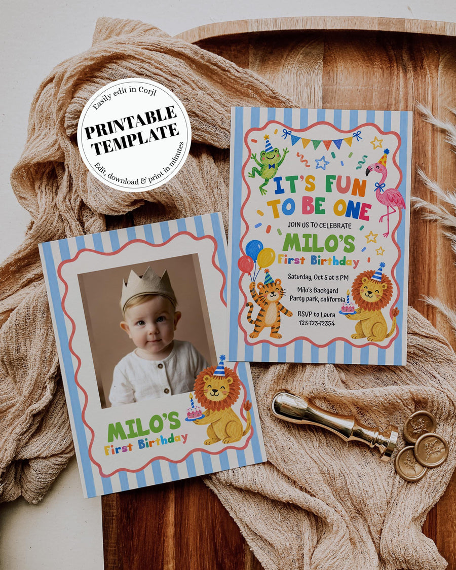 Fun To Be One Invitation, First Birthday Party Card, Editable Printable Toddler Template 025ONE-BINV