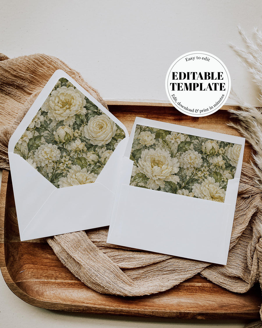 Sage Green White Rose Envelope Liner, Vintage Botanical Wedding Insert, Old Money Editable Template 039FL-ENVLI