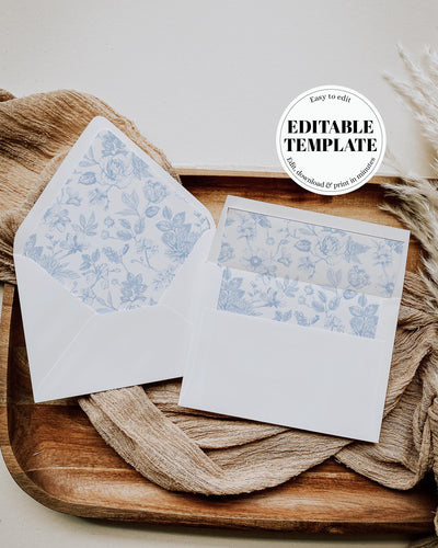 Blue Toile Floral Wedding Envelope Liner, Vintage Invitation Insert, Old Money Editable Template 039FL-ENVLI