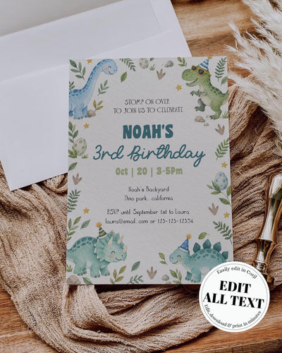 Dinosaur Birthday Invitation, Dino Party Invite for Kids, Editable Instant Download Card Template 025DI-BINV