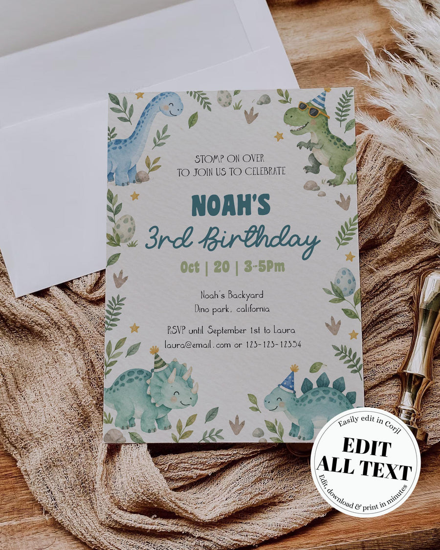 Dinosaur Birthday Invitation, Dino Party Invite for Kids, Editable Instant Download Card Template 025DI-BINV