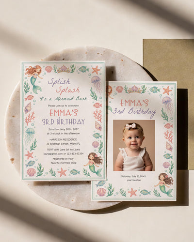 Mermaid Birthday Invitation, Splish Splash Mermaid Bash Party Invite, Editable Digital Card Template 032MM-BINV