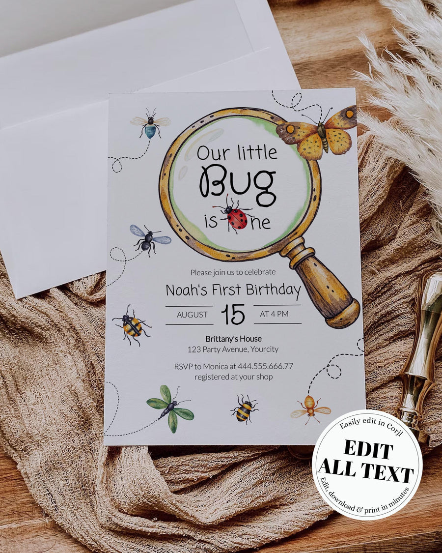 Bug Birthday Invitation, Insect Party Invite for Kids, Editable Instant Download Card Template 101LB2-BINV