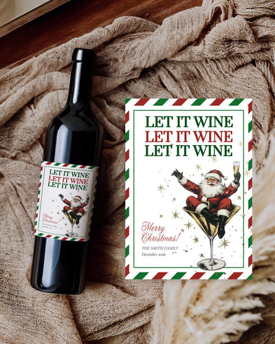 Custom Wine Labels, Santa Martini Holiday Art, Editable Christmas Party Gift Template 028SA-WILA