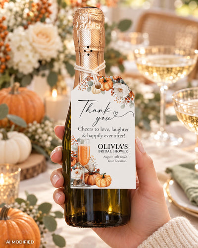 Pumpkin Prosecco Favor Tags, Fall Bridal Shower Labels, Editable Champagne Cupcake Topper Template