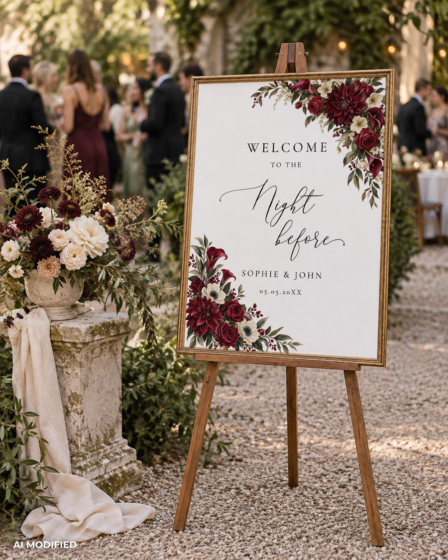 Rehearsal Dinner Welcome Sign, Burgundy Floral Night Before Display, Editable Wedding Event Template 080BU-WLCM