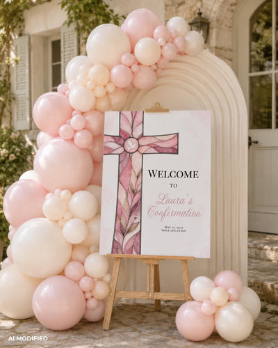 Pink Baptism Welcome Sign, Stained Glass Style Cross Art, Editable Christening Celebration Template 035STGL-WLCM