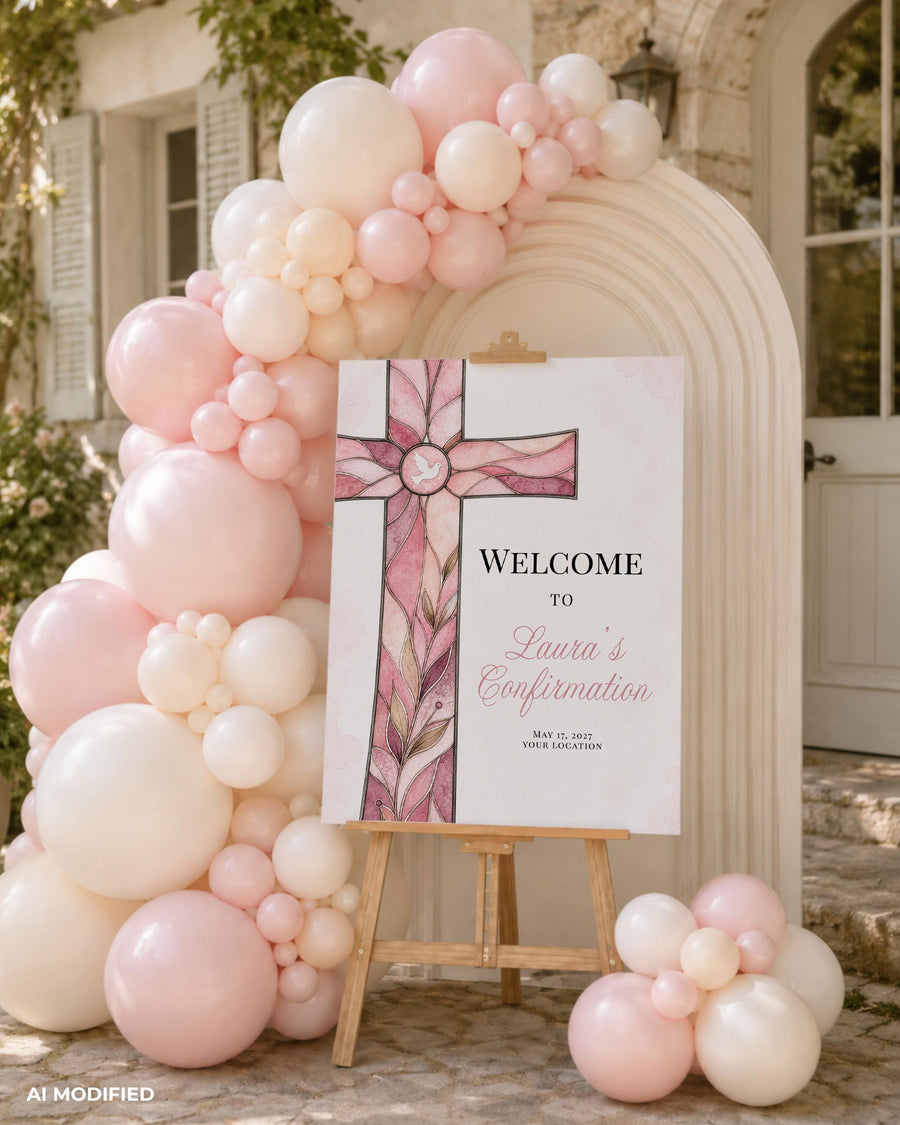 Pink Baptism Welcome Sign, Stained Glass Style Cross Art, Editable Christening Celebration Template 035STGL-WLCM