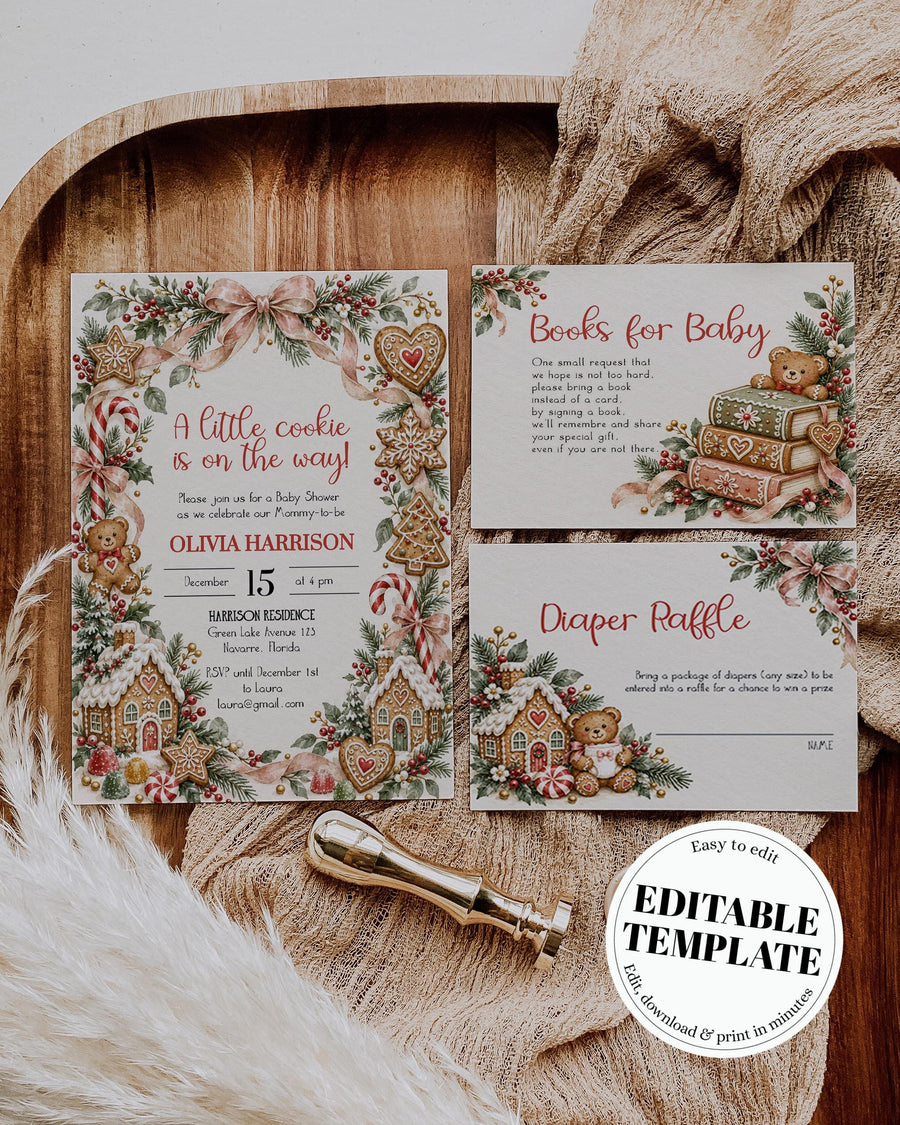 Gingerbread Baby Shower Invitation Suite, Christmas Cookie Book Diaper Cards, Editable Winter Template 078TV-BSINV