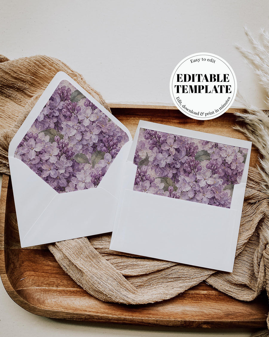 Purple Lilac Wedding Envelope Liner, Vintage Floral Invitation Insert, Old Money Editable Template 039FL-ENVLI