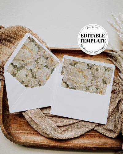 White Rose Wedding Envelope Liner, Vintage Floral Invitation Insert, Old Money Editable Template 039FL-ENVLI