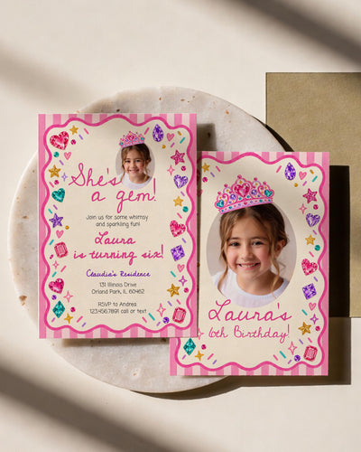 Girl Photo Birthday Party Invitation, Pink Gemstone Keepsake Card, Personalized Editable Digital Template 025GEM-BINV