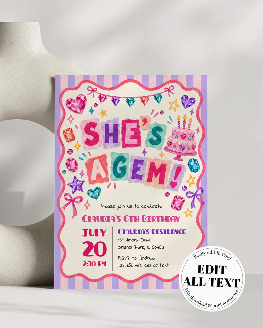 Girls Jewel Birthday Party Invite, Colorful Gem Bow Design, Sparkly Editable Digital Template 025GEM-BINV