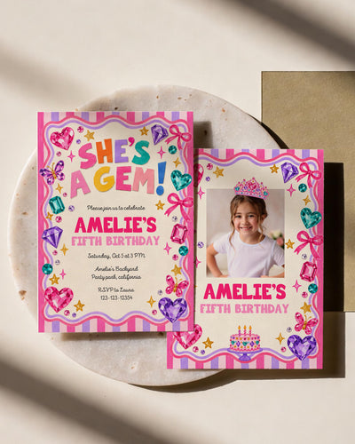 Gemstone Birthday Invitation, Pink Jewel Bow Celebration Card, Girls Editable Digital Party Template 025GEM-BINV