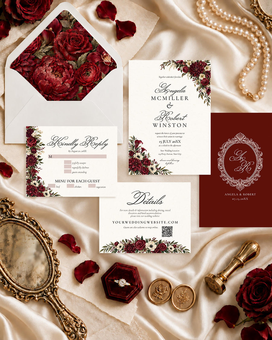 Burgundy Wedding Invitation Template, Moody Floral Vintage Rose Stationery Set, Luxurious Elegant Suite 080BU-WEDINV