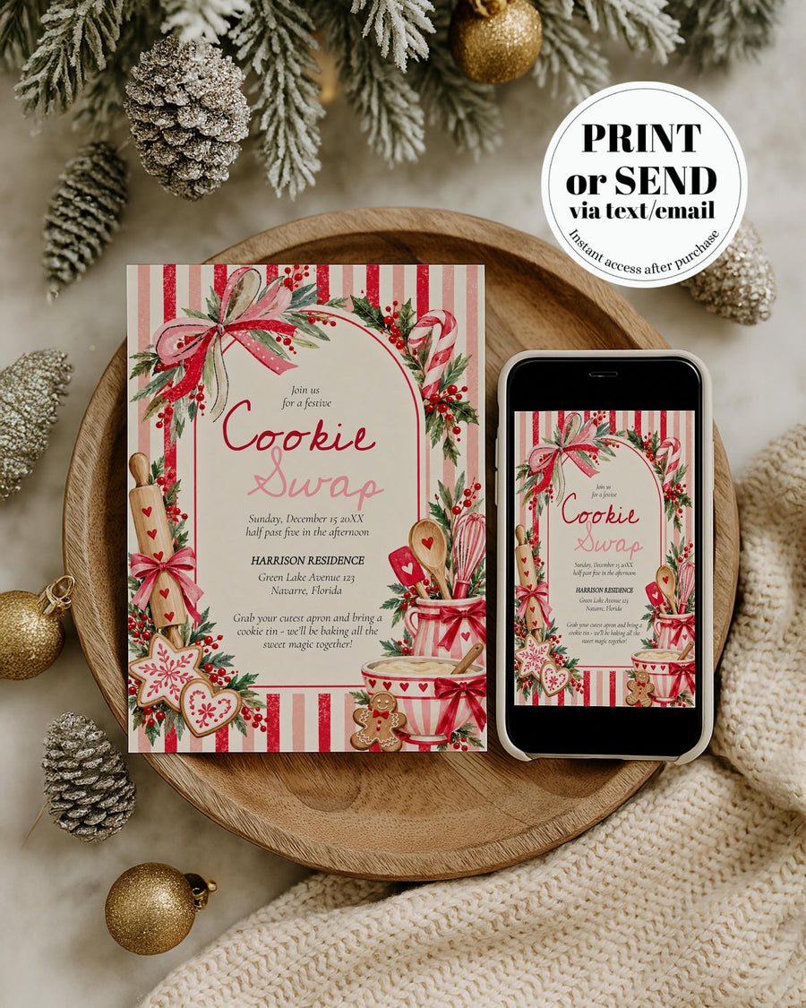 Christmas Cookie Exchange Invitation, Whimsical Pink Red Stripes, Holiday Baking Party Editable Template 015CH-PINV