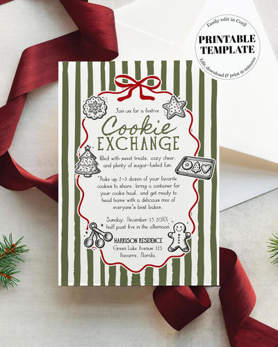 Christmas Cookie Exchange Invitation, Vintage Green Stripes, Hand Drawn Holiday Cookie Swap Template 070CH-PINV