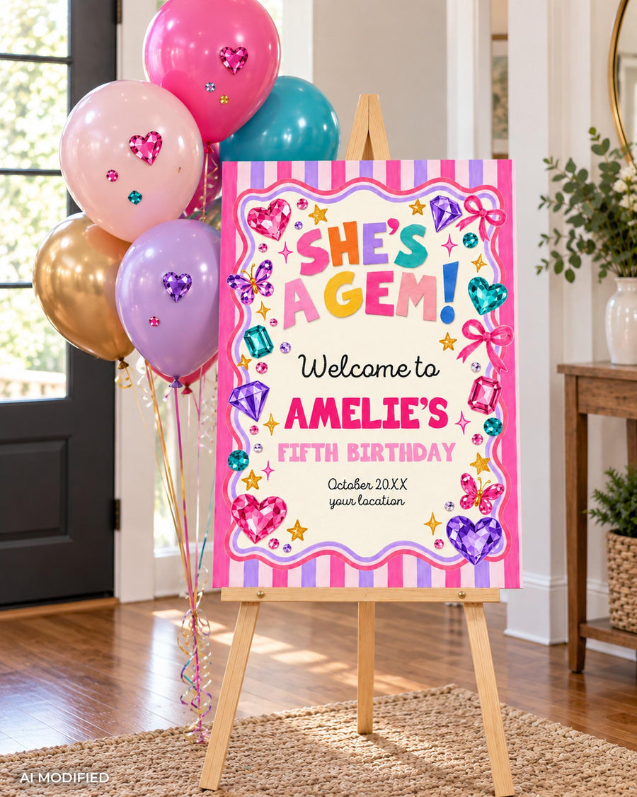 She's a Gem Welcome Sign, Pink Jewel Bow Birthday Display, Editable Poster Template 025GEM-WLCM