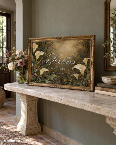 Custom Wedding Sign, Vintage Calla Lily Entrance Art, Editable Last Name Keepsake Template 039FL-WLCM