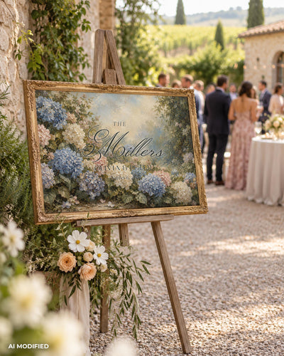 Wedding Entrance Sign, Vintage Blue Hydrangea Garden Art, Editable Last Name Keepsake Template 039FL-WLCM