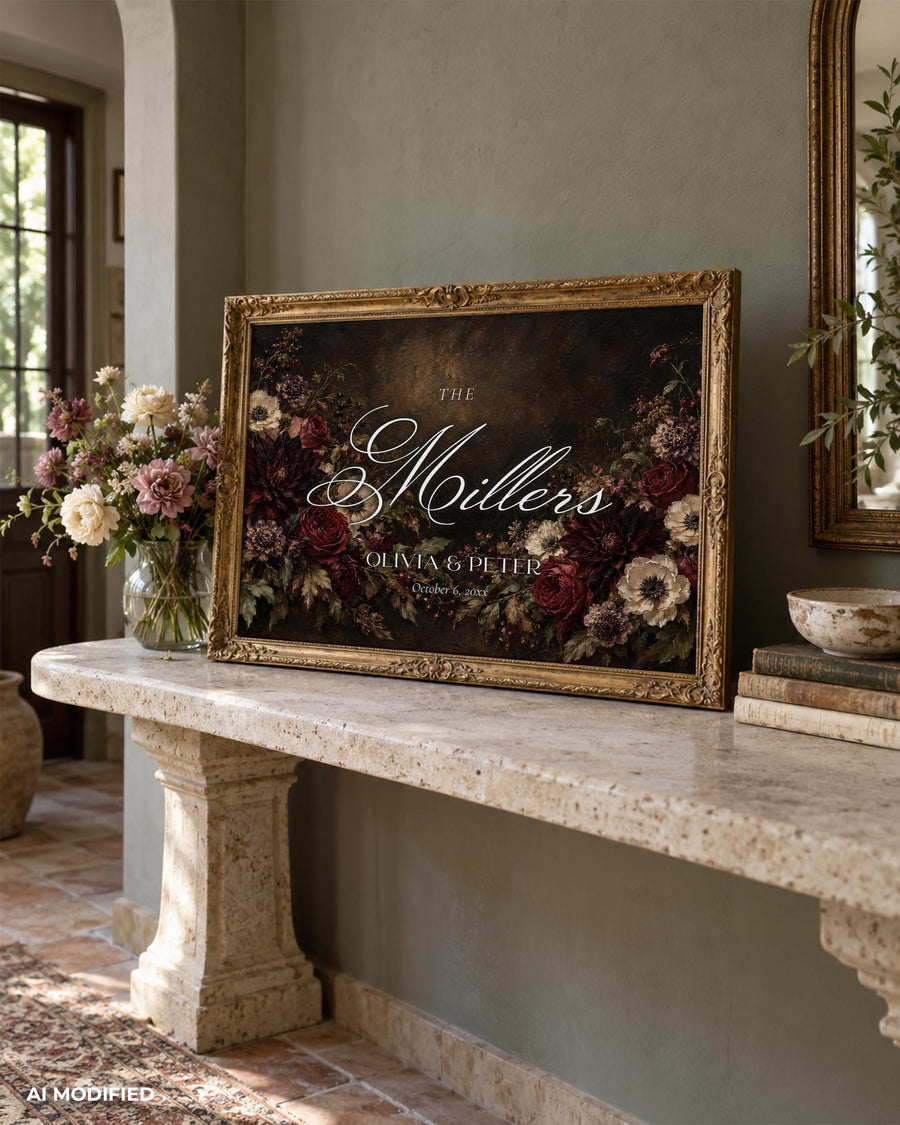 Custom Last Name Sign, Moody Burgundy Floral Wedding, Editable Fine Art Keepsake Template 080BU-WLCM