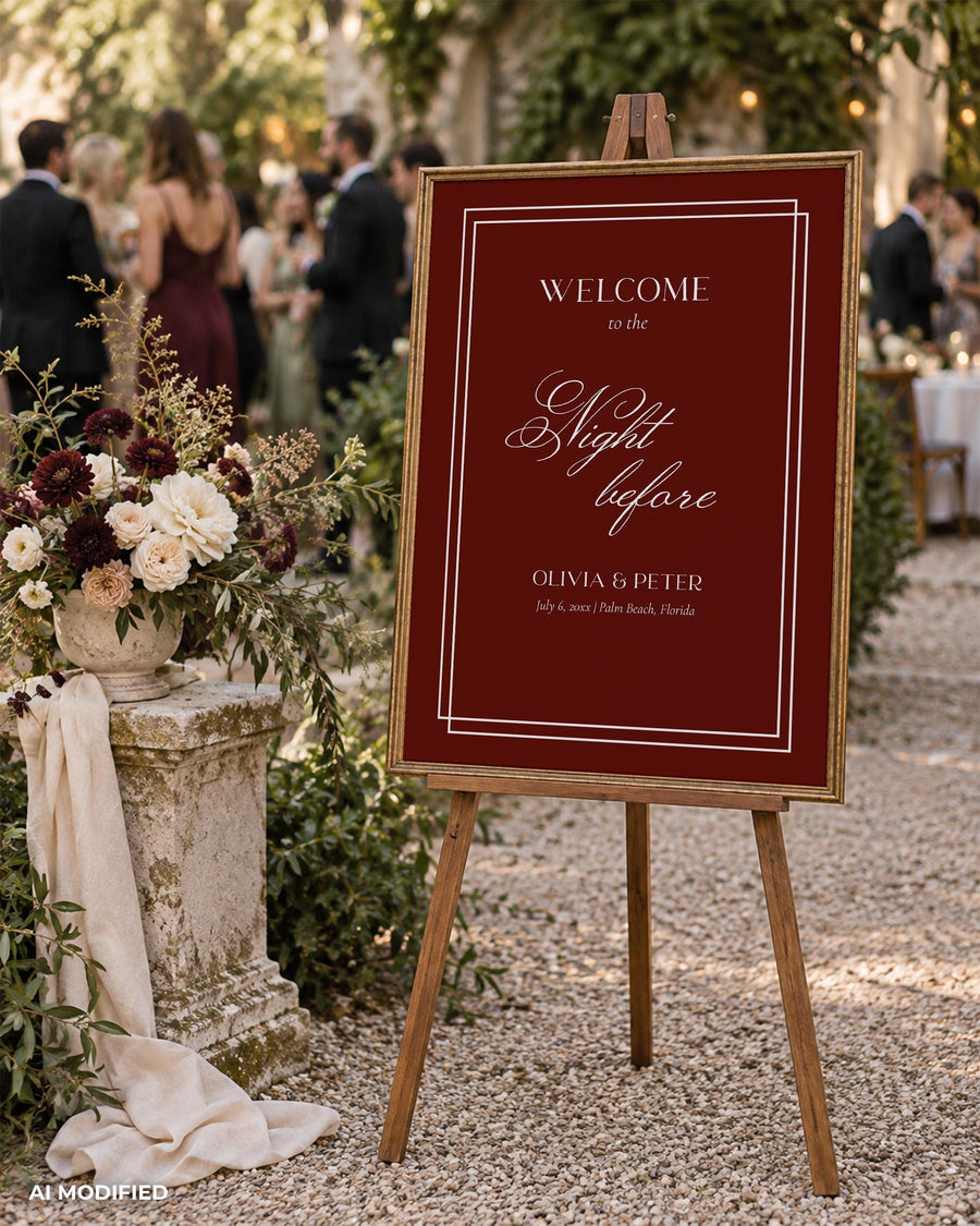 Engagement Party Sign, Burgundy Night Before Reception Display, Editable Wedding Celebration Poster Template 080BU-WLCM