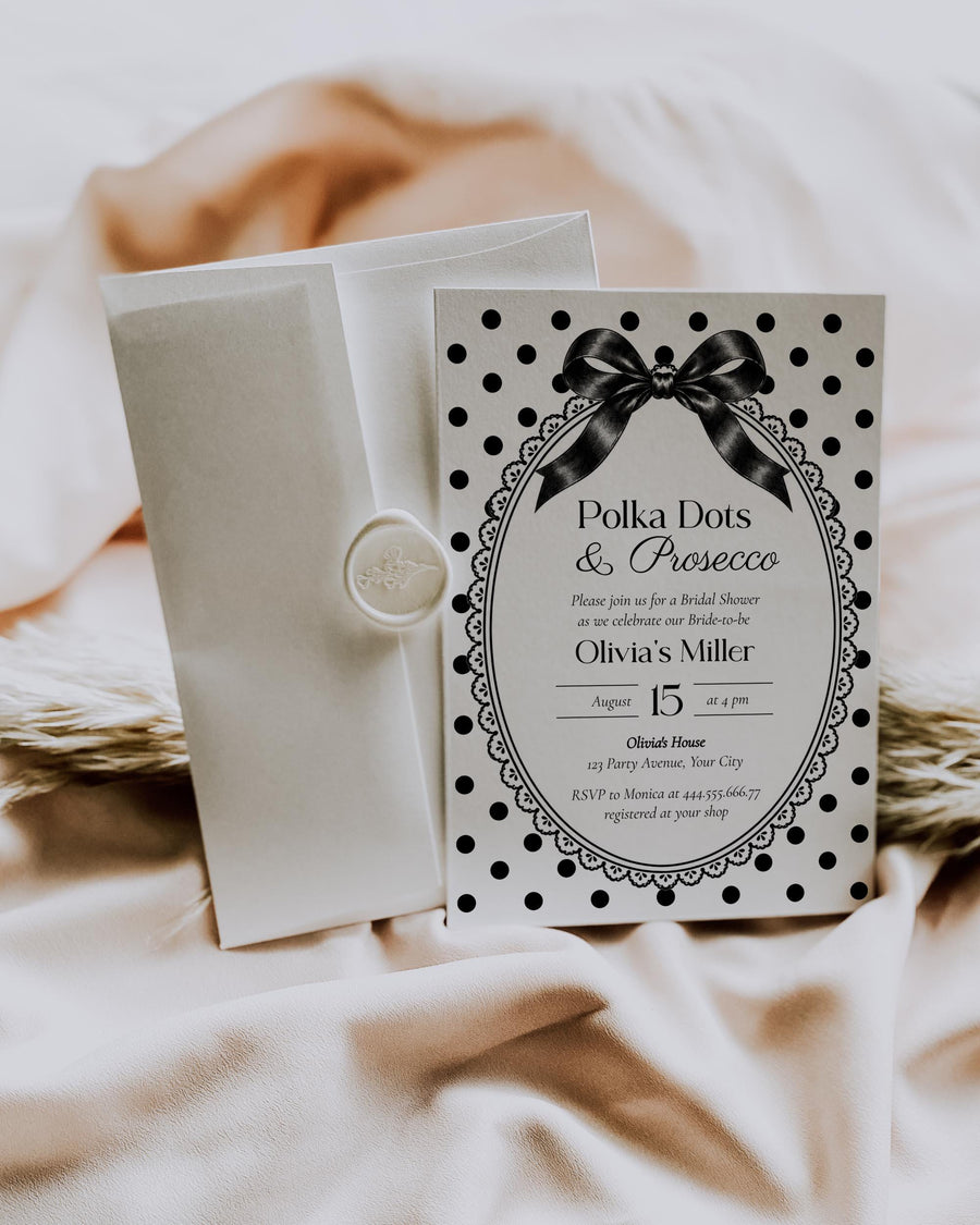 Polka Dots & Prosecco Bridal Shower Invitation, Black Bow Champagne Party Invite, Editable Template  083BW-BRSINV