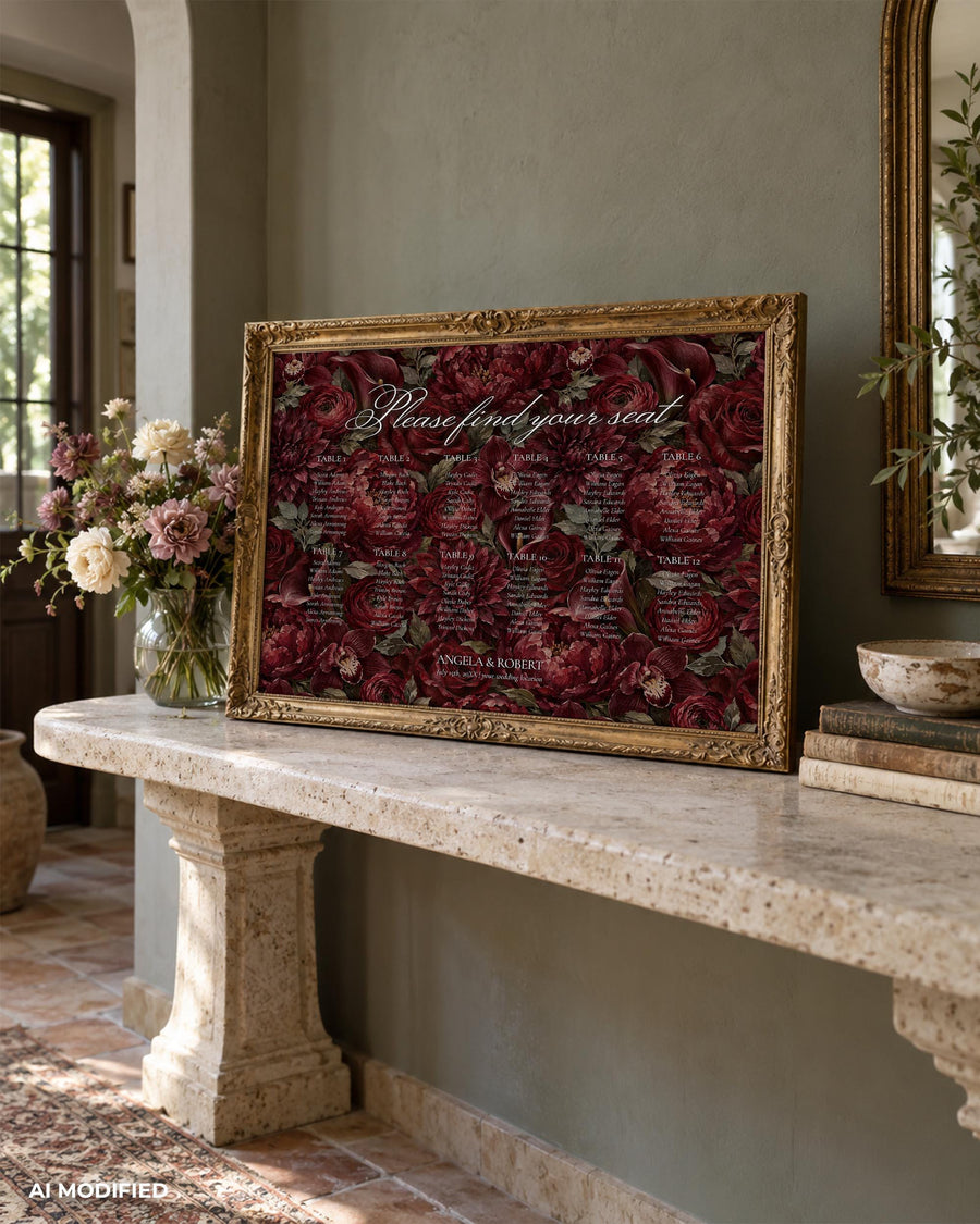 Burgundy Floral Seating Chart, Fine Art Horizontal Reception Sign, Elegant Editable Wedding Template 080BU-SEAT