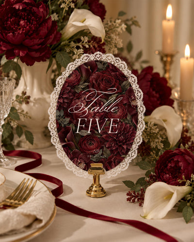 Burgundy Rose Table Numbers, Fine Art Oval Reception Cards, Elegant Editable Wedding Template 080BU-TBNR