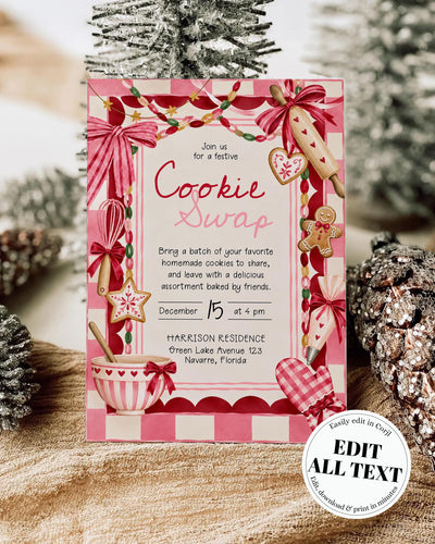 Cookie Exchange Invitation, Pink Christmas Gingham Bows, Festive Holiday Cookie Swap Party Template 036CH-PINV