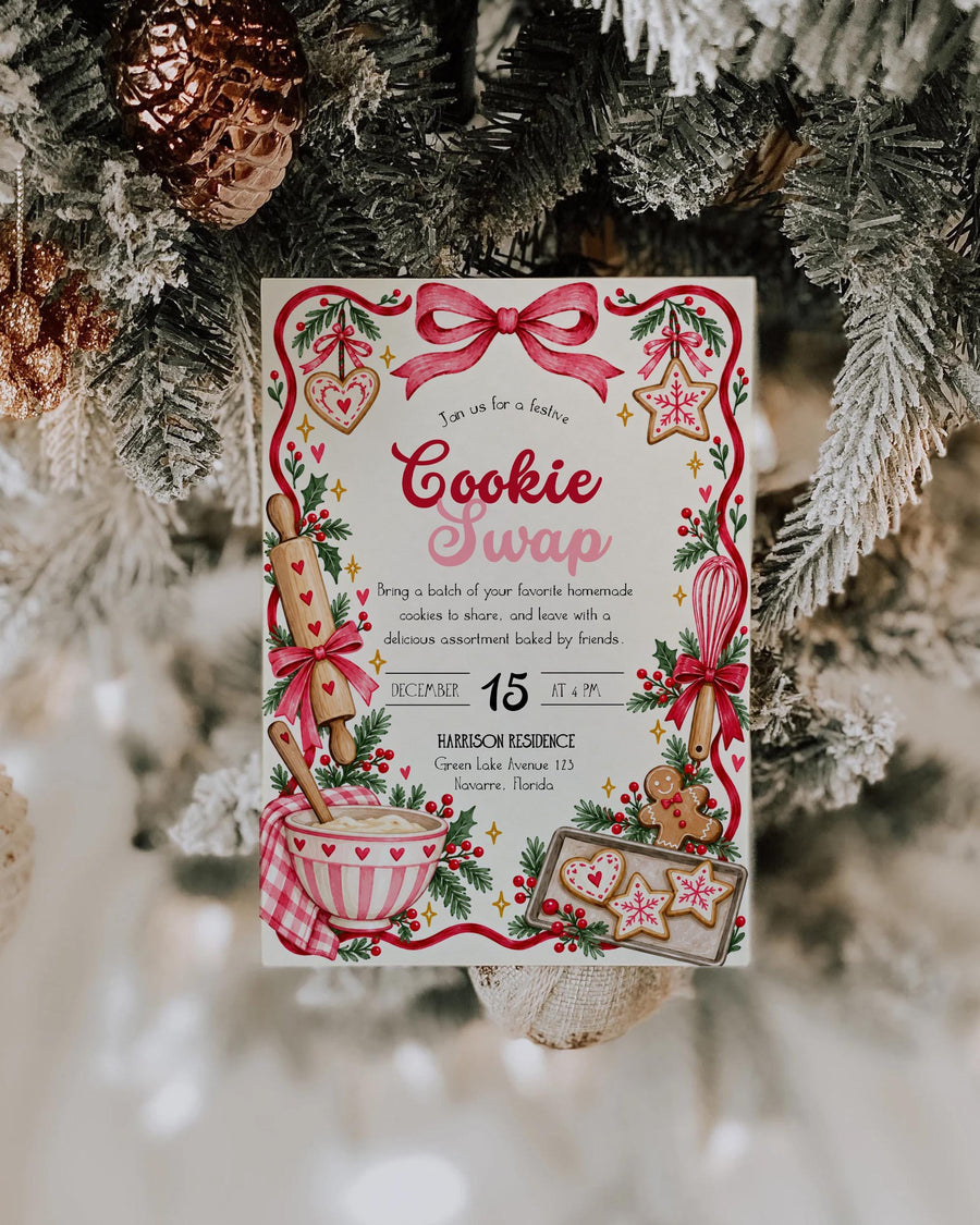 Cookie Exchange Invitation, Christmas Baking Party, Pink Bow Gingerbread Holiday Cookie Swap Template 037CH-PINV