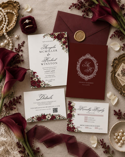 Burgundy Wedding Invitation Template, Moody Floral Vintage Rose Stationery Set, Luxurious Elegant Suite 080BU-WEDINV