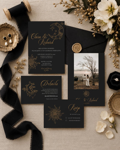 Celestial Wedding Invitation Template, Black Witchy Moon and Stars Theme 062CE-WEINV