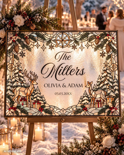 Winter Last Name Sign, Christmas Deer Faux Glass Keepsake, Editable DIY Canva Template 035XMAS-WLCM