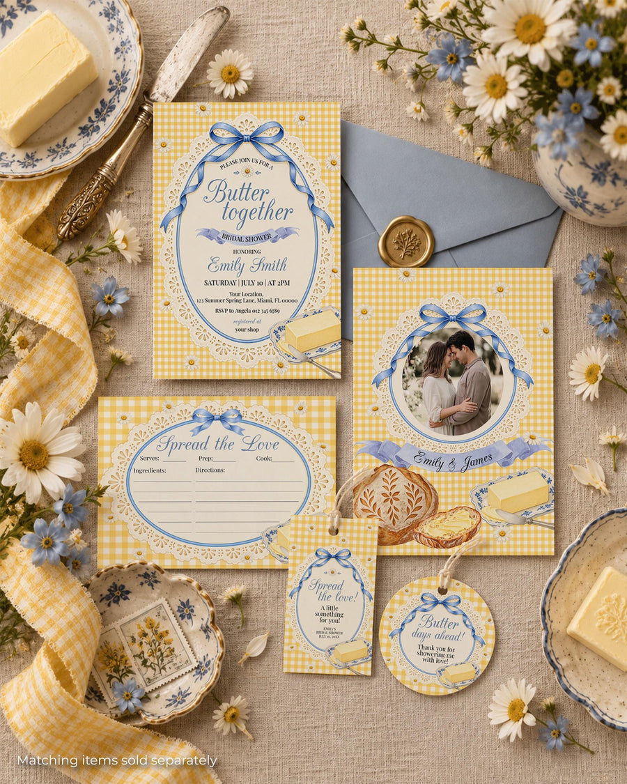 Butter Bridal Shower Invitation, Blue Gingham Bow Party, Editable Personalized Celebration Invite Template 089BU-BRSINV