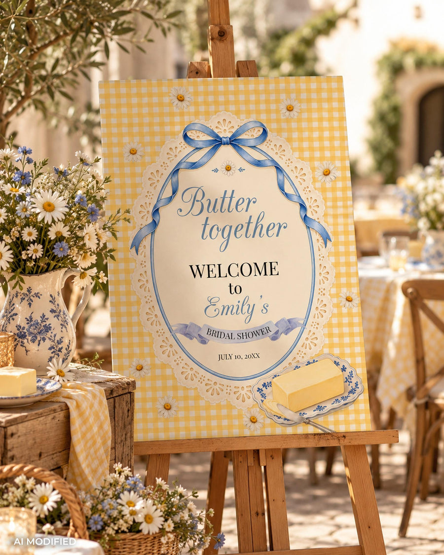 Butter Bridal Shower Welcome Sign, Blue Gingham Bow Decor, Editable Personalized Poster Template 089BU-WLCM
