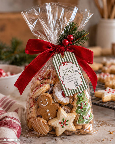 Cookie Exchange Tags, Vintage Green Stripes Baked With Love Labels, Christmas Sticker Template 070CH-TLST