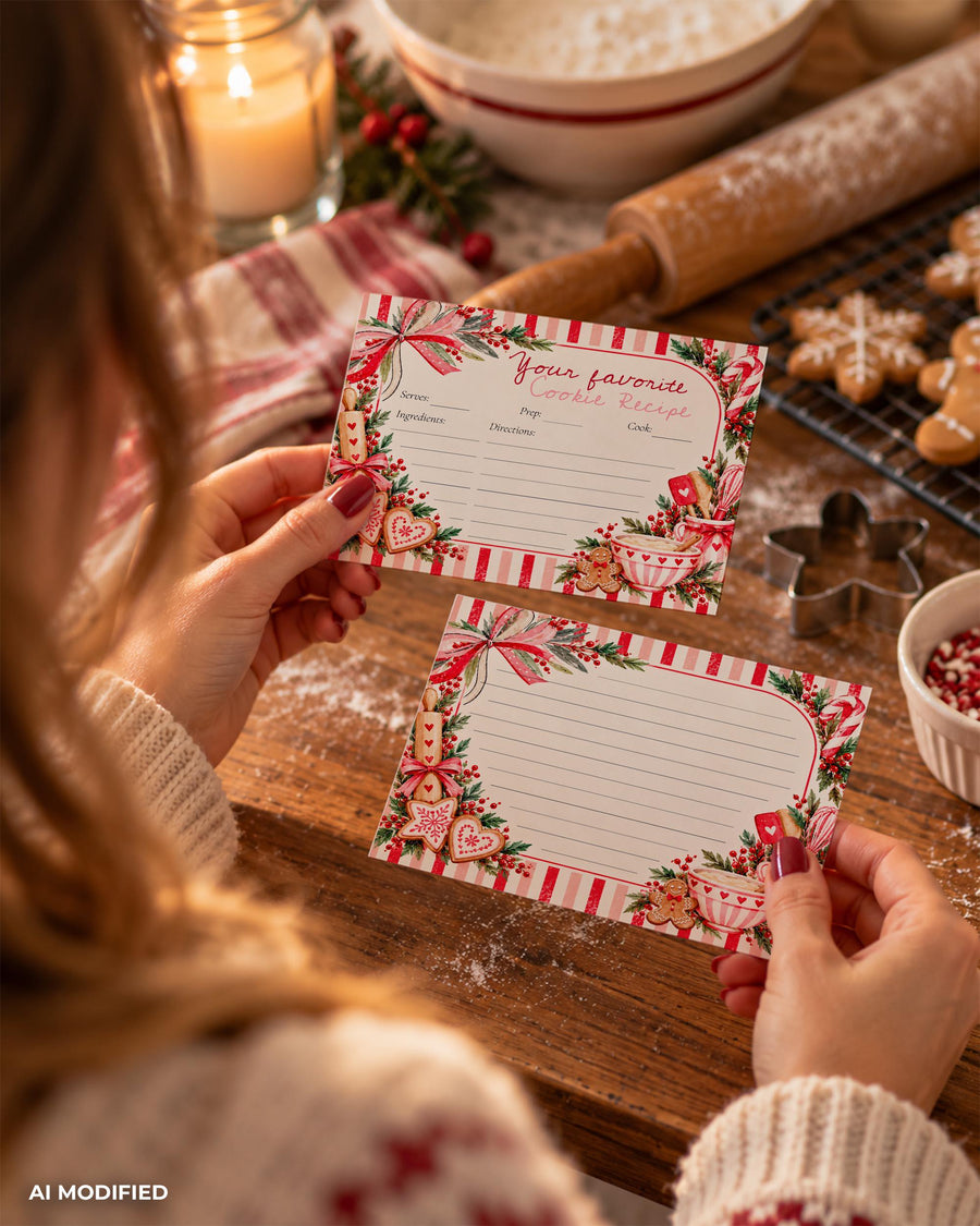 Cookie Exchange Recipe Card, Pink Red Stripes Christmas Baking Insert, Holiday Swap Template 015CH-RECA