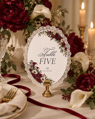 Burgundy Floral Table Numbers, Ivory Lace Oval Reception Cards, Romantic Editable Wedding Template 080BU-TBNR