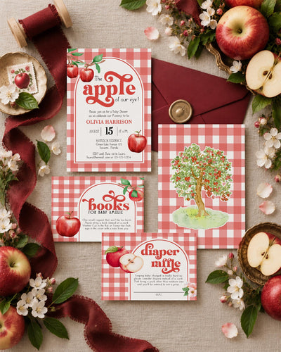 Apple of Our Eye Baby Shower Invitation Suite Template, Coquette Gingham Fall Theme 092AP-BSINV4