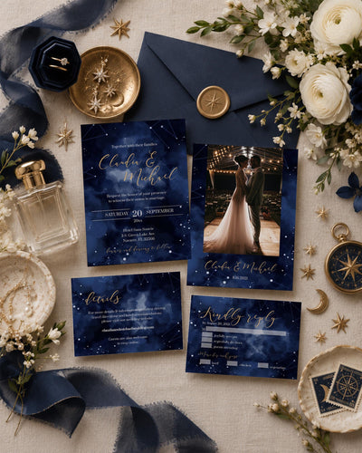 Celestial Starry Night Wedding Invitation Template, Navy Gold Moon Invitation Suite 066CE-WEINV