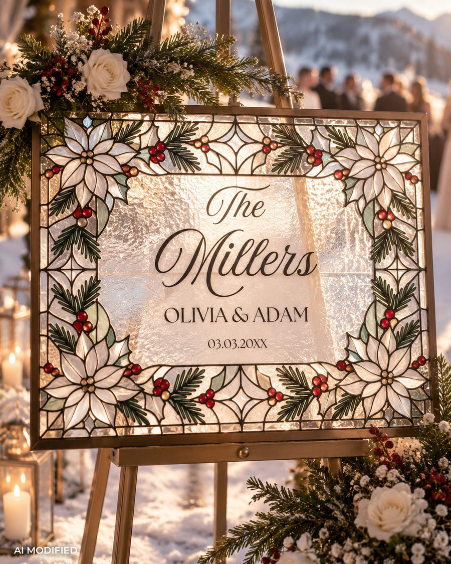 Christmas Last Name Sign, Winter Floral Faux Glass Keepsake, Editable DIY Canva Template 035XMAS-WLCM